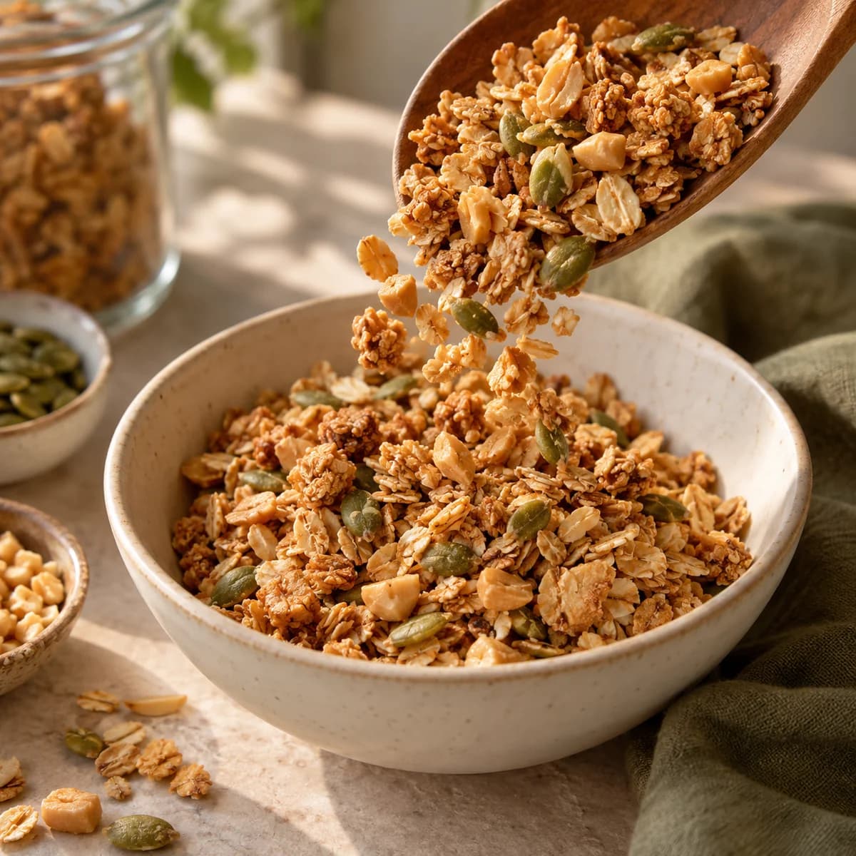 A spoon of loose granola with small clusters above a cream bowl