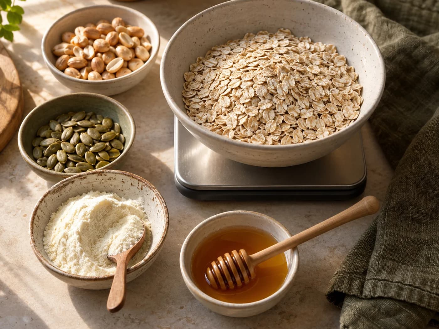Oats on a kitchen scale beside separate measured granola ingredients