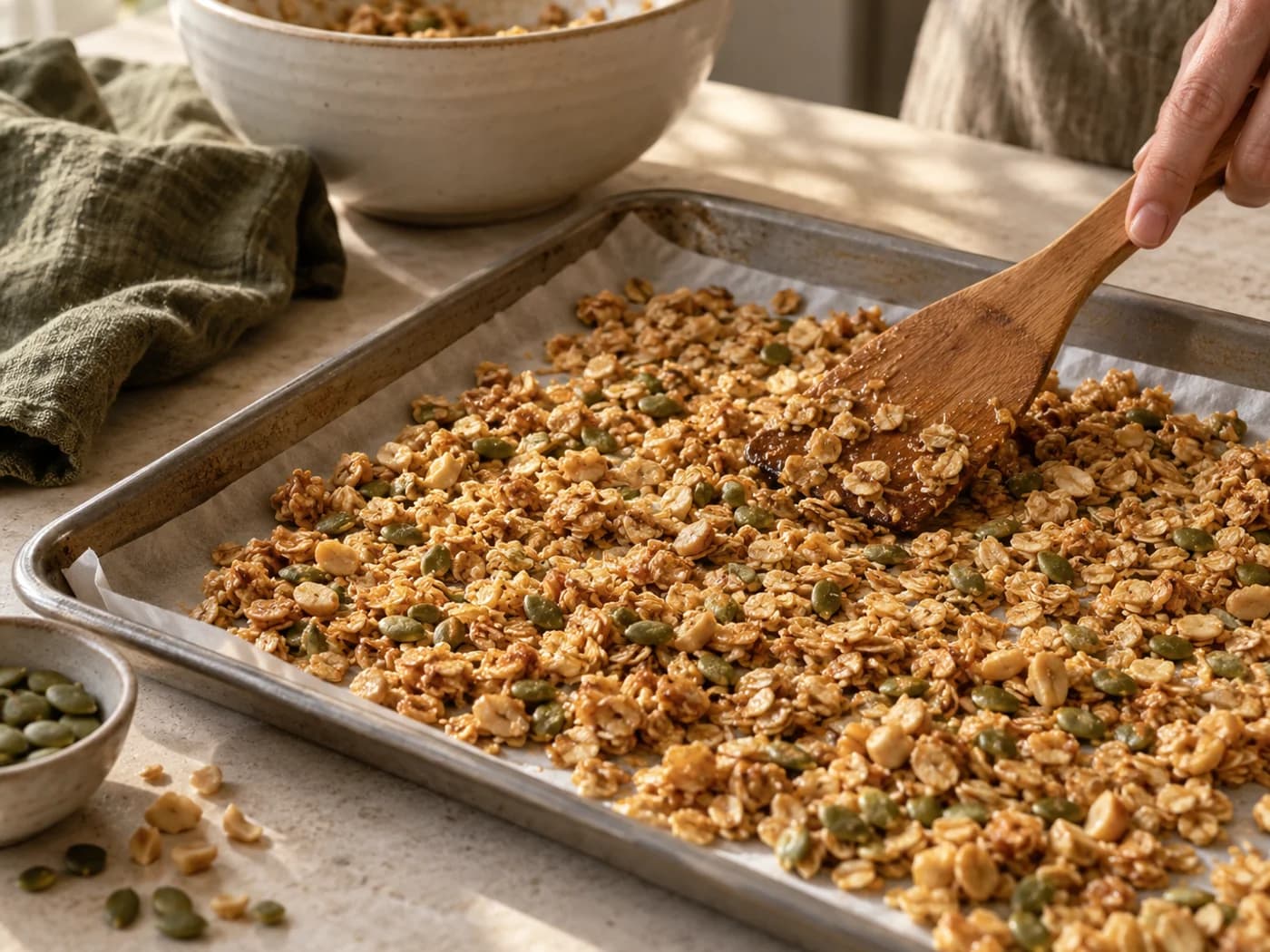 A spatula spreading coated oats, peanuts and pepitas on a parchment-lined tray