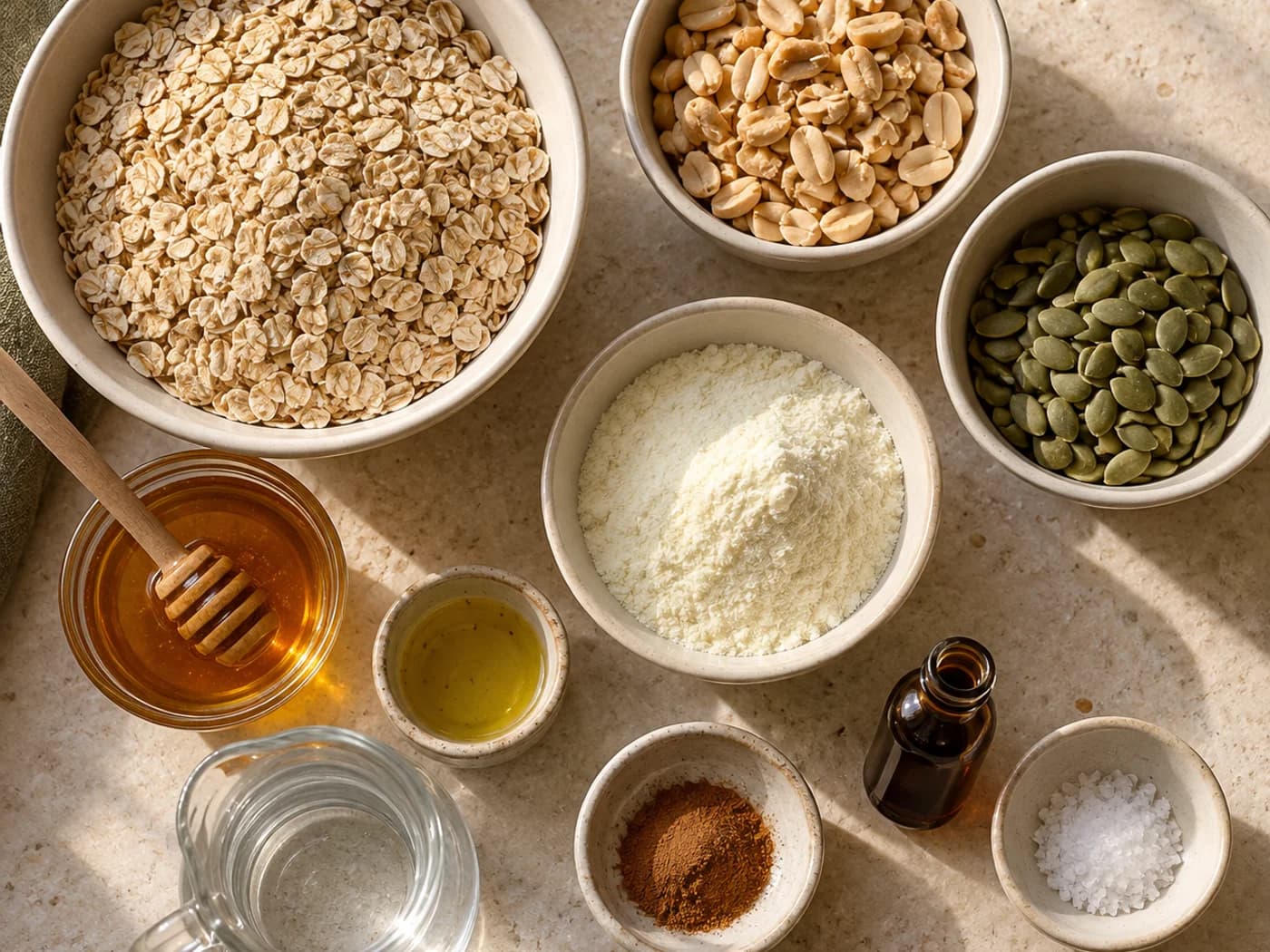 Separate bowls of oats, peanuts, green pepitas, milk powder, honey and seasonings