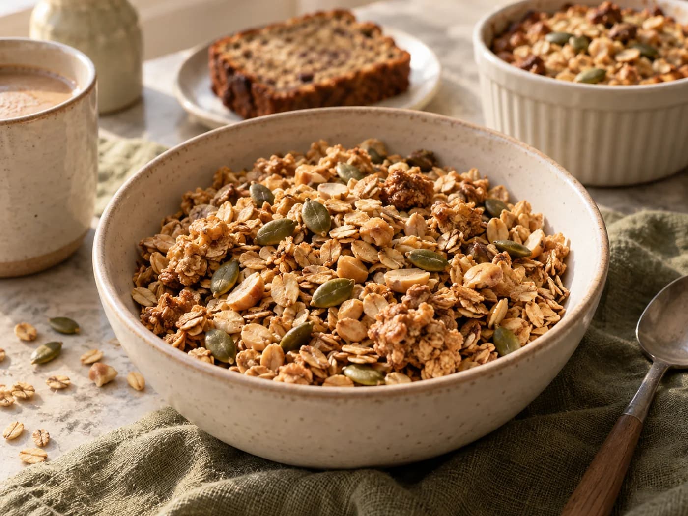 Granola with banana bread and an individual baked-oats ramekin in the background