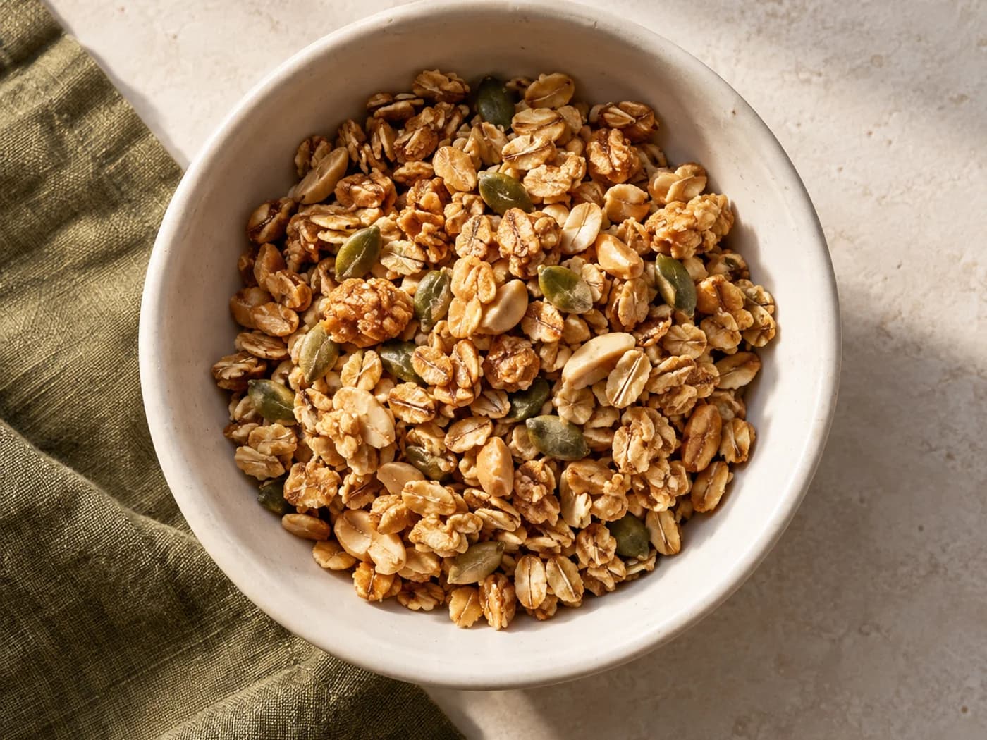 A small bowl of dry oat, peanut and pumpkin-seed granola seen from above