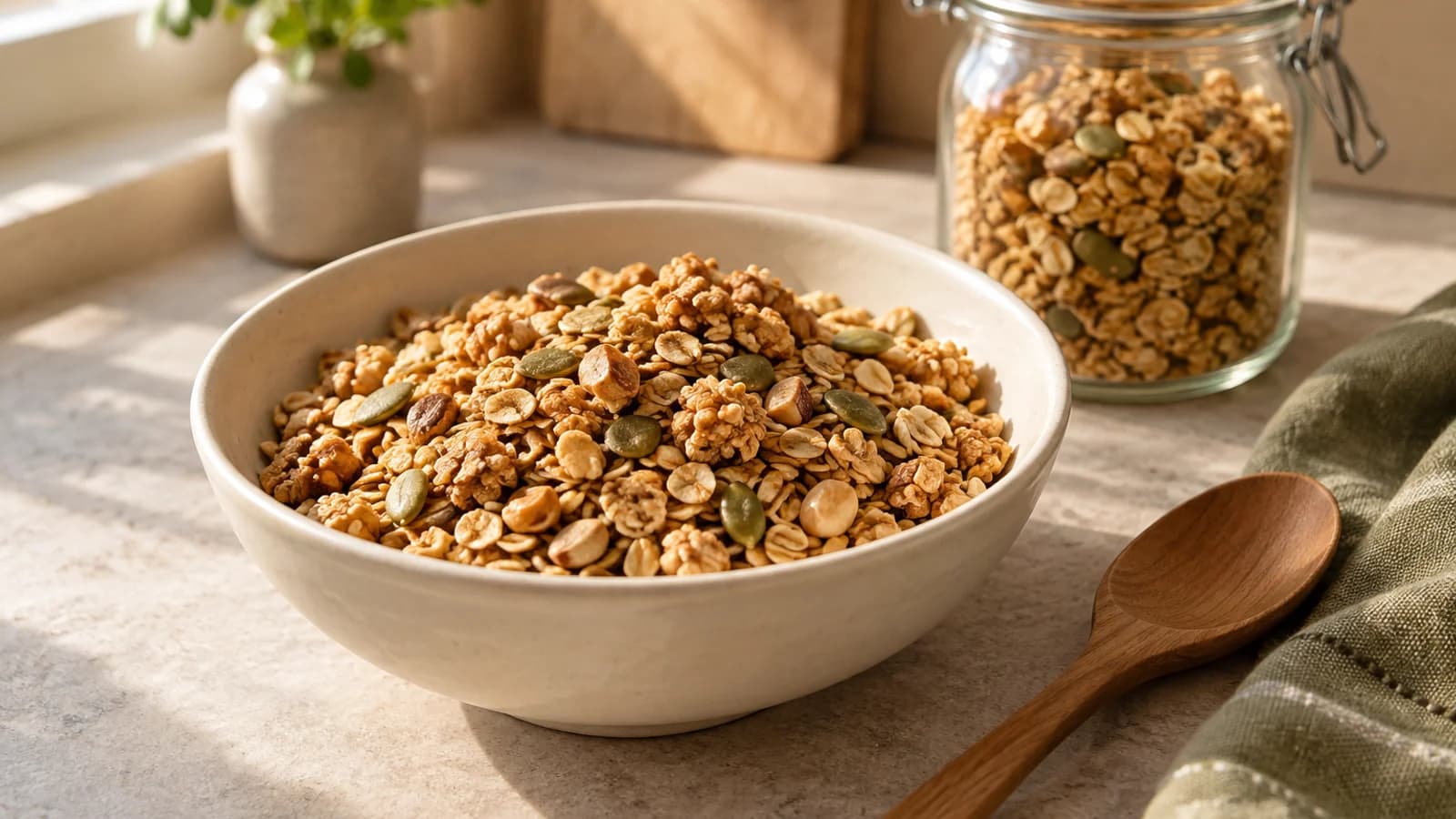 Golden rolled-oat granola with peanuts and green pumpkin seeds in a cream bowl