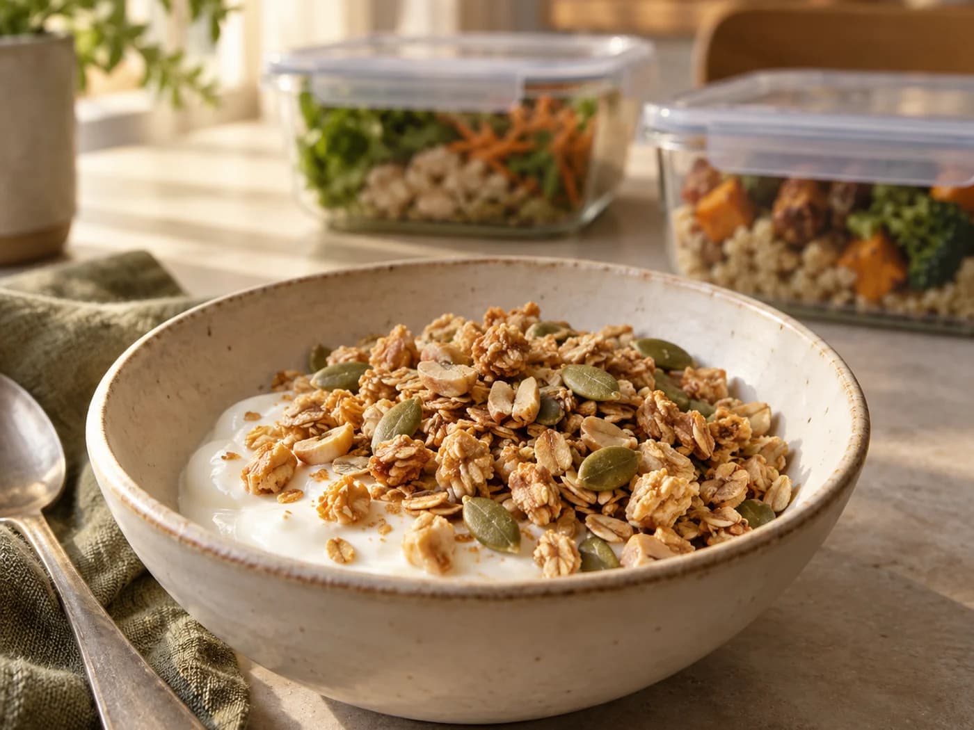 A yogurt and granola breakfast in front of softly blurred meal containers