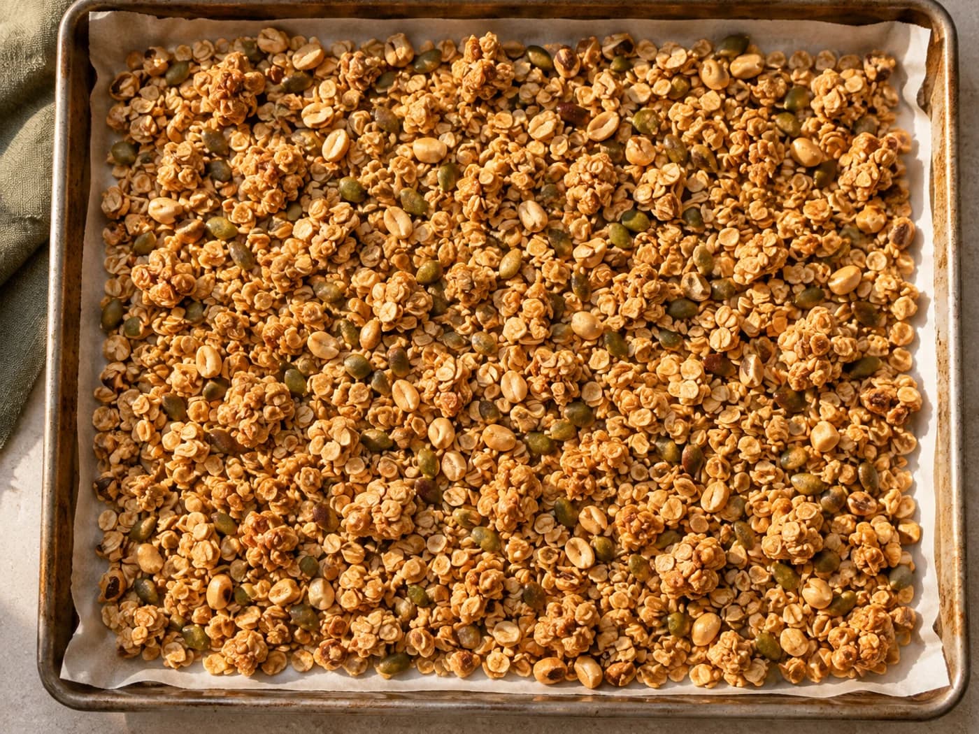 An overhead tray of golden oat, peanut and green pumpkin-seed granola
