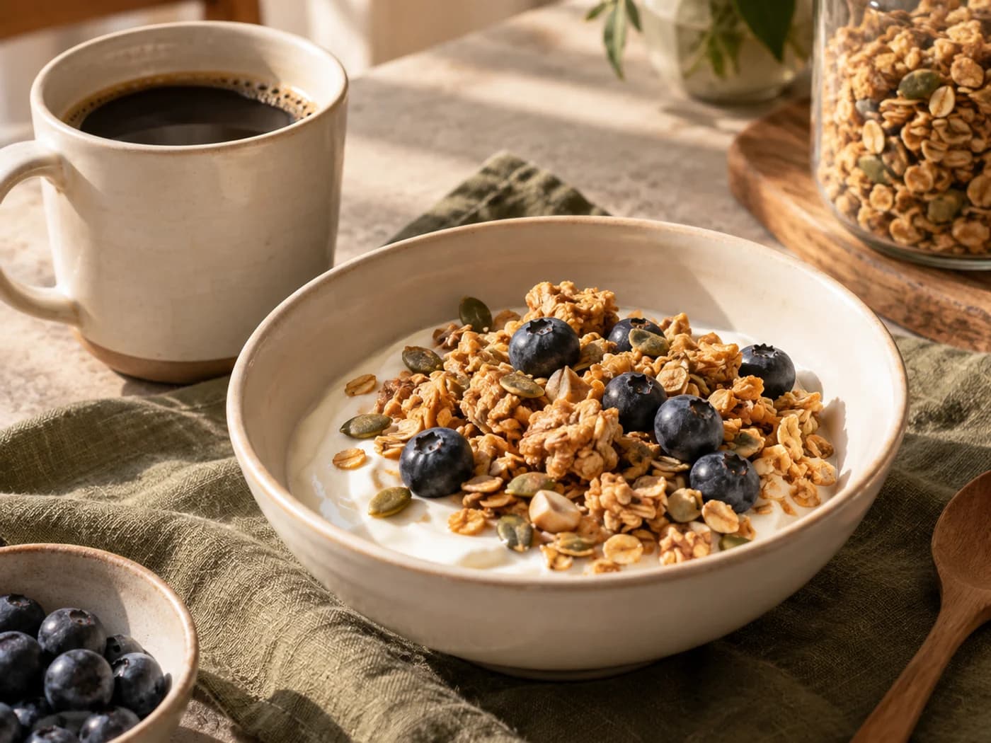 Plain yogurt with granola and a few fresh blueberries beside a coffee mug