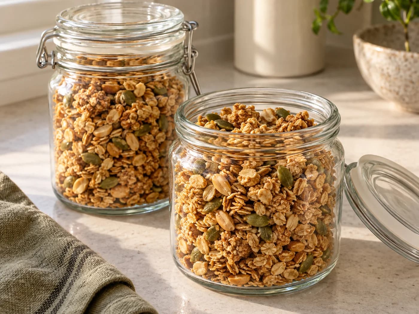 Completely cooled granola in two clean airtight glass containers