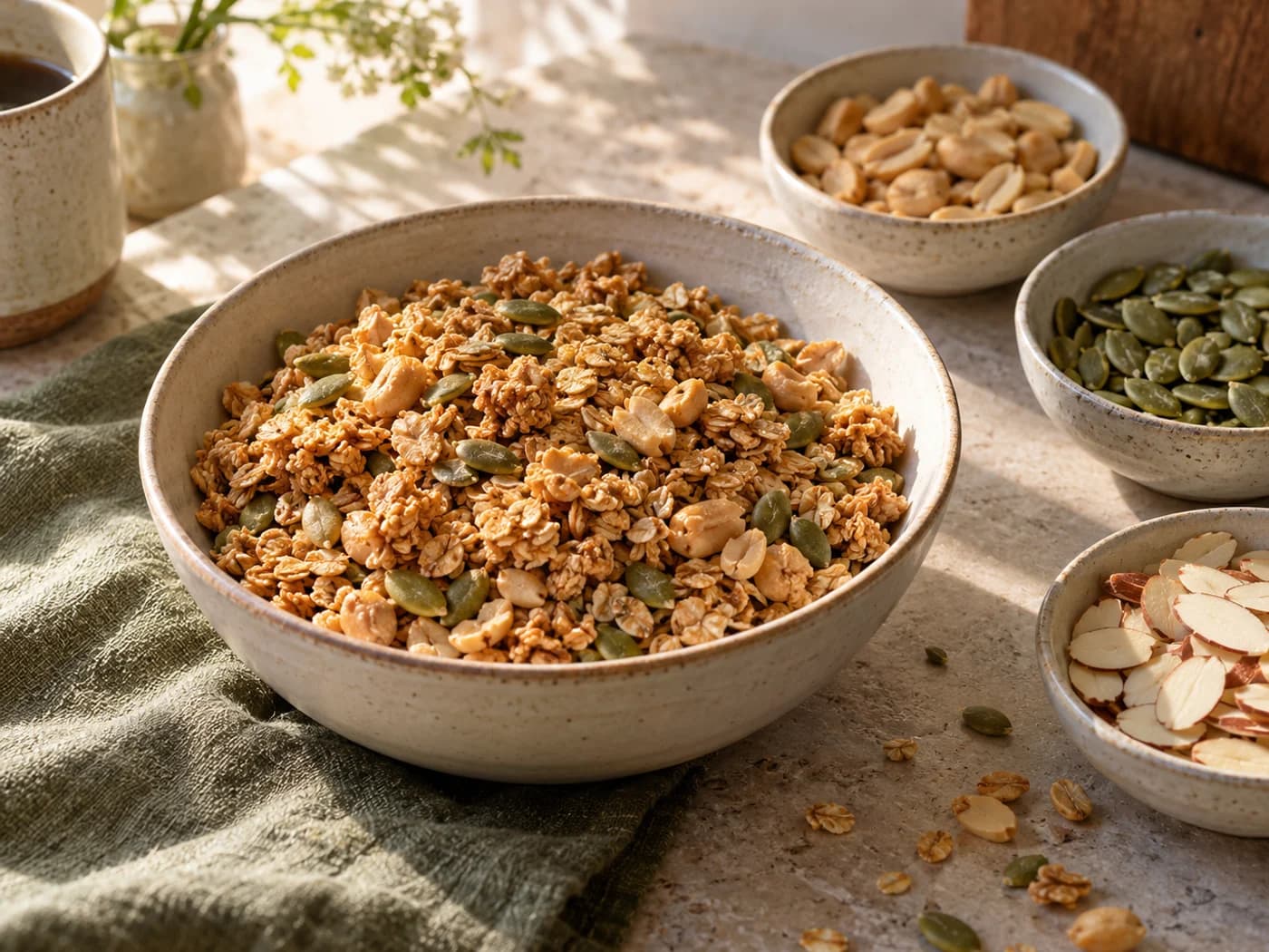Granola beside separate dishes of peanuts, pepitas and sliced almonds