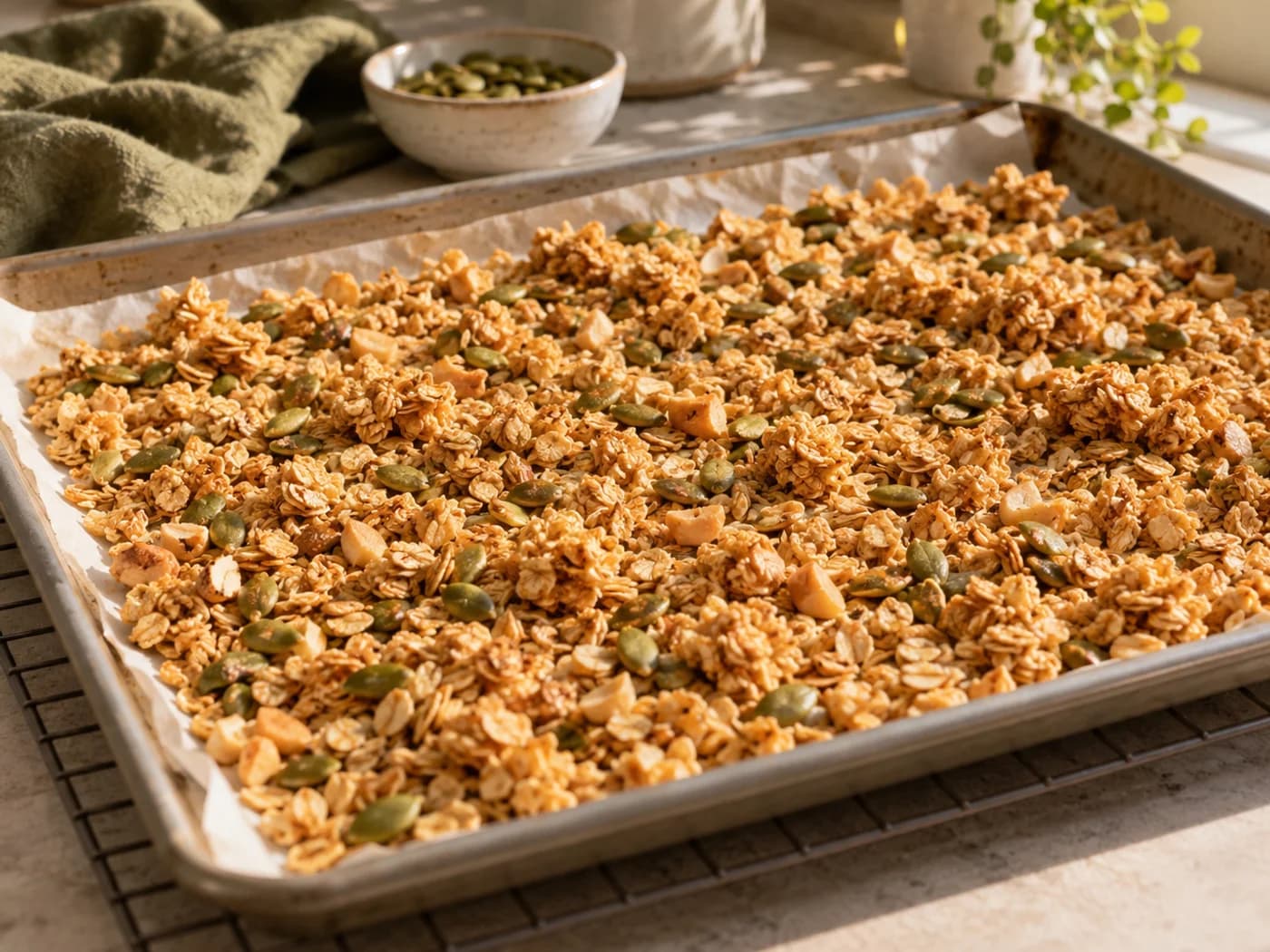 A thin layer of lightly golden granola cooling on a rimmed baking sheet
