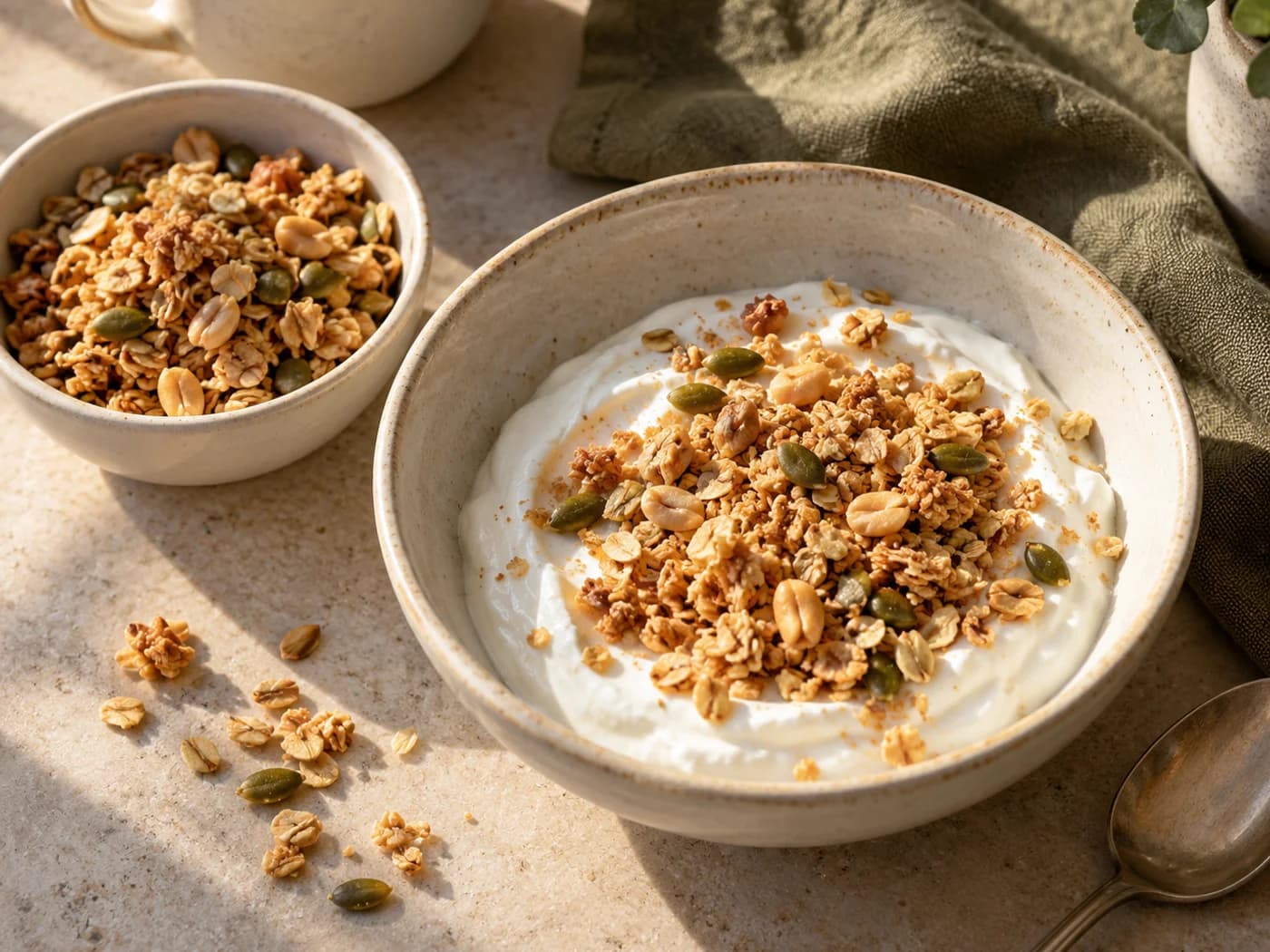 Dry granola beside a bowl of plain Greek yogurt topped with the same granola