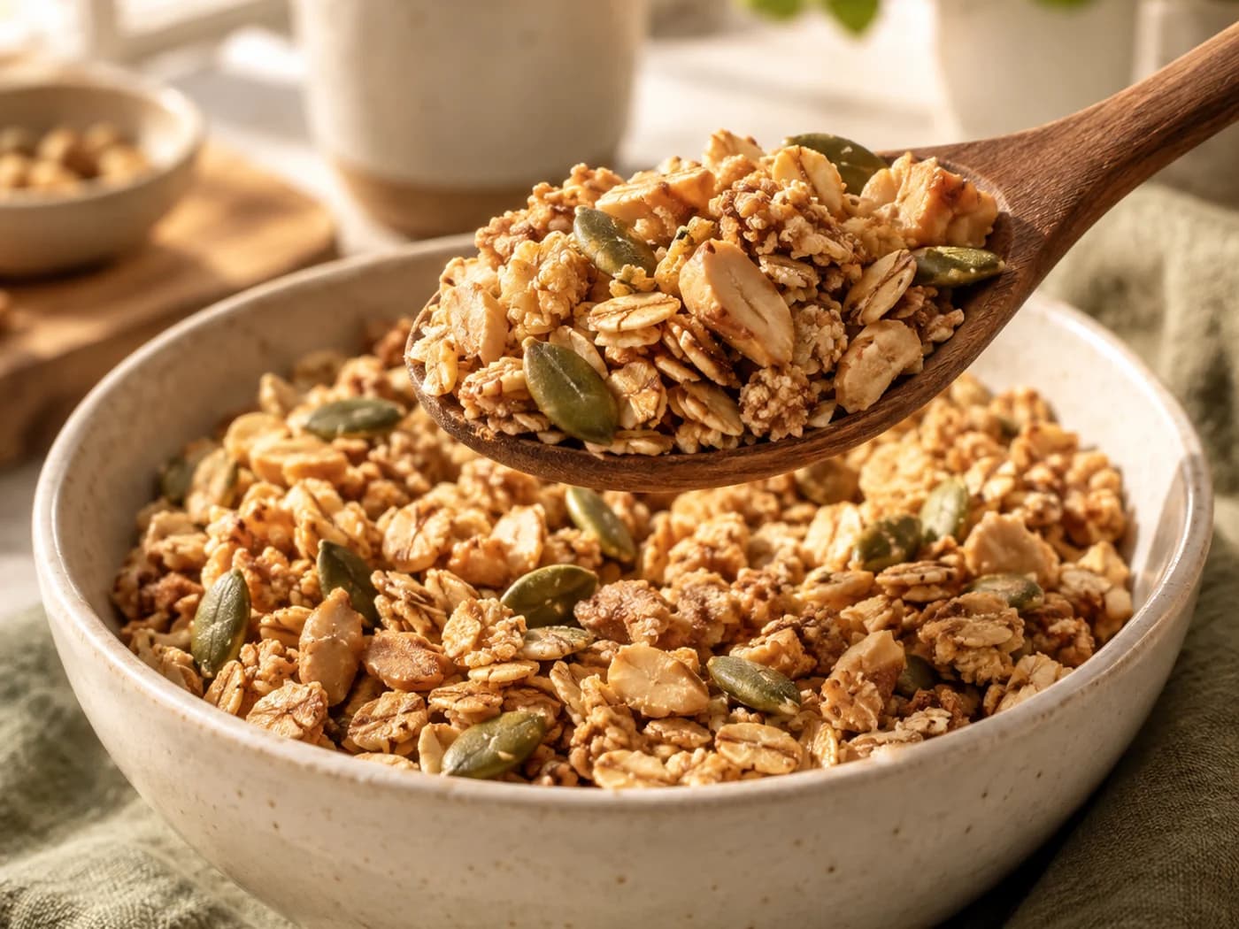 A wooden spoon holding toasted oat flakes, chopped peanuts and green pepitas