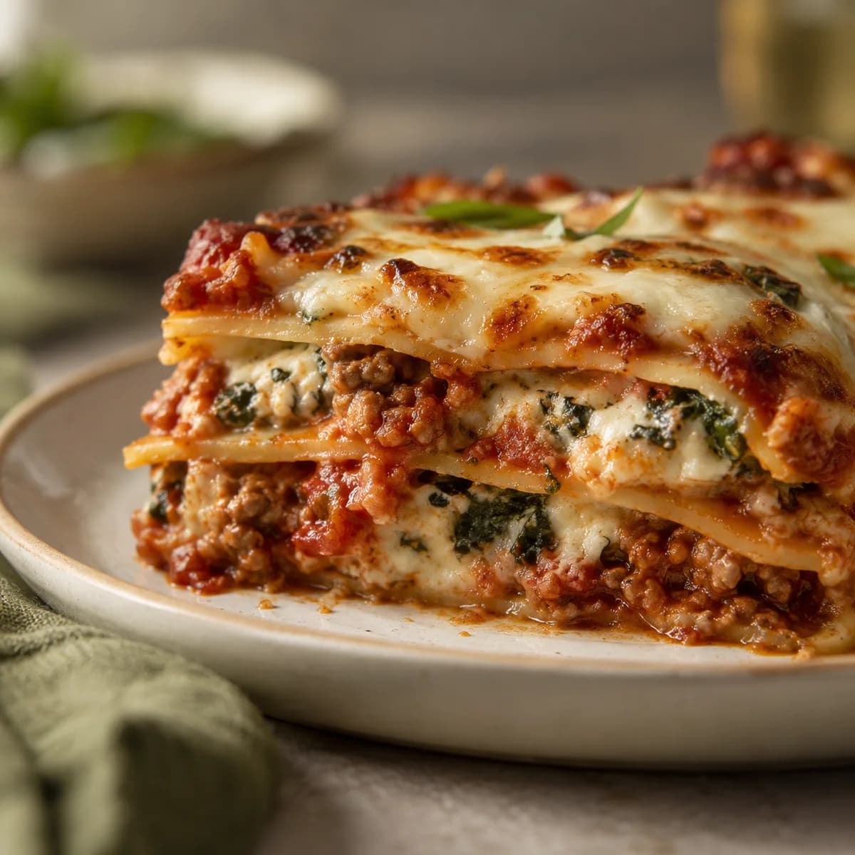 Close-up of three pasta layers with turkey sauce, cottage cheese and spinach