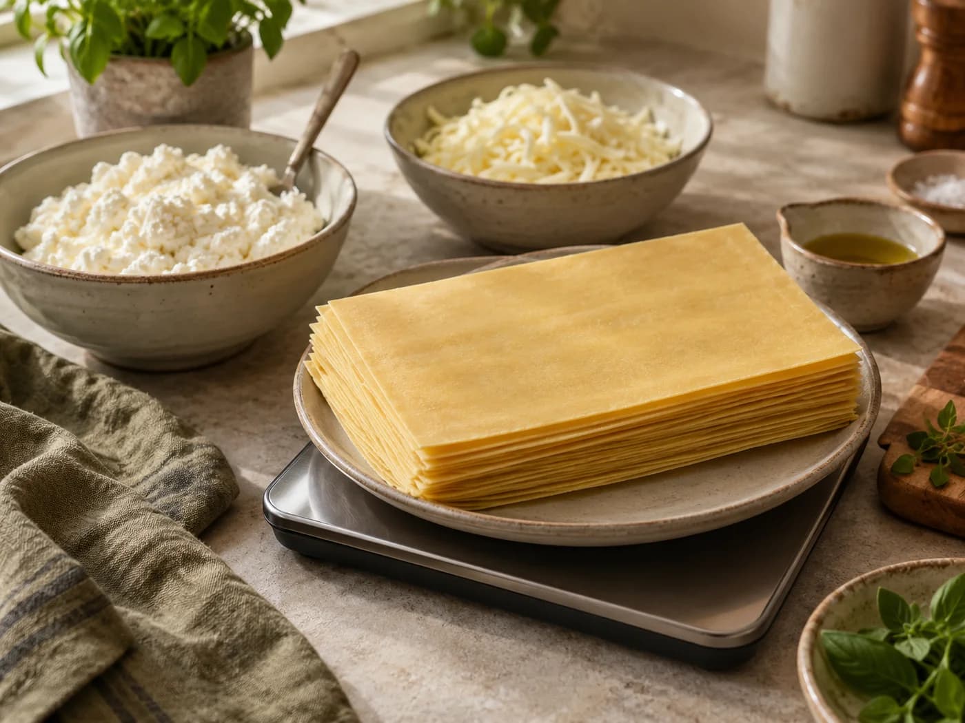 Dry pasta weighed on a scale beside cottage cheese, mozzarella and measured oil
