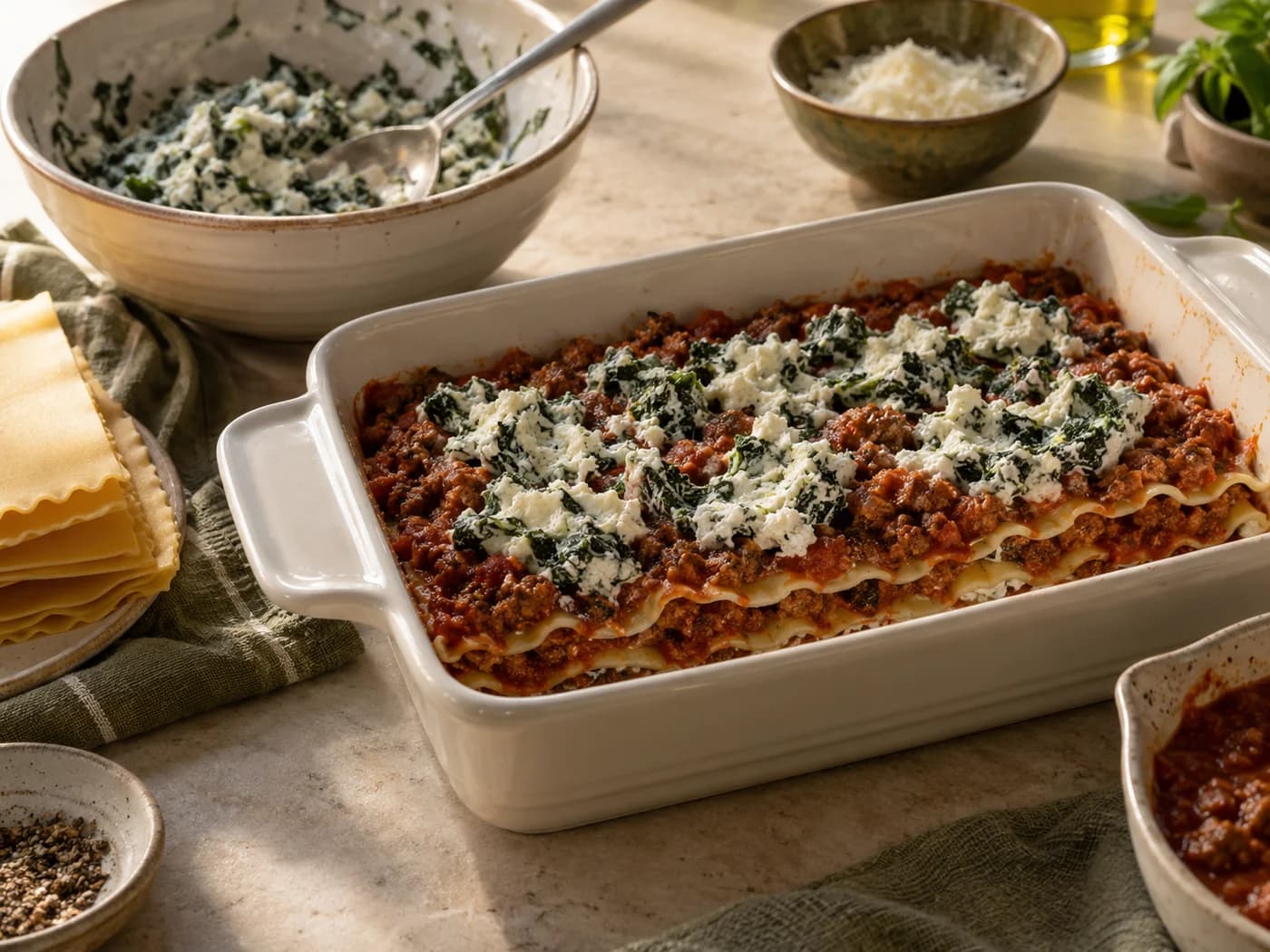 Partly assembled lasagna with cooked turkey sauce and cottage-cheese spinach filling
