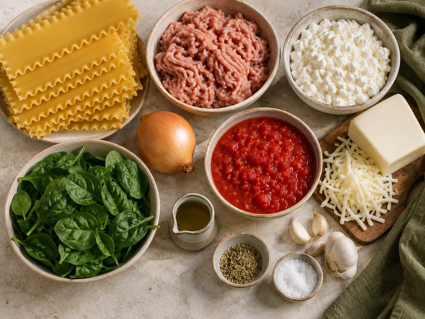Dry lasagna sheets, separate raw turkey, cheeses, crushed tomatoes and vegetables laid out on pale stone