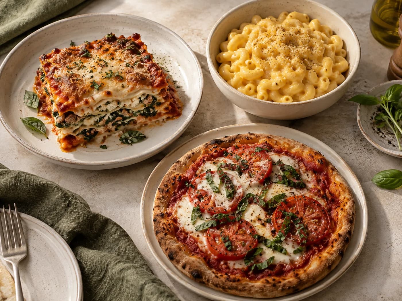 Lasagna, creamy elbow macaroni and a personal pizza in separate dishes