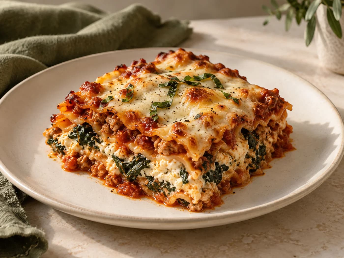 One turkey and cottage-cheese lasagna portion on an ivory plate