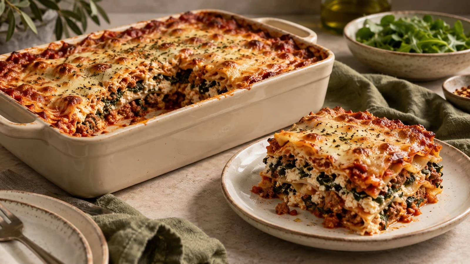 Turkey and spinach lasagna in a cream baking dish with one portion served