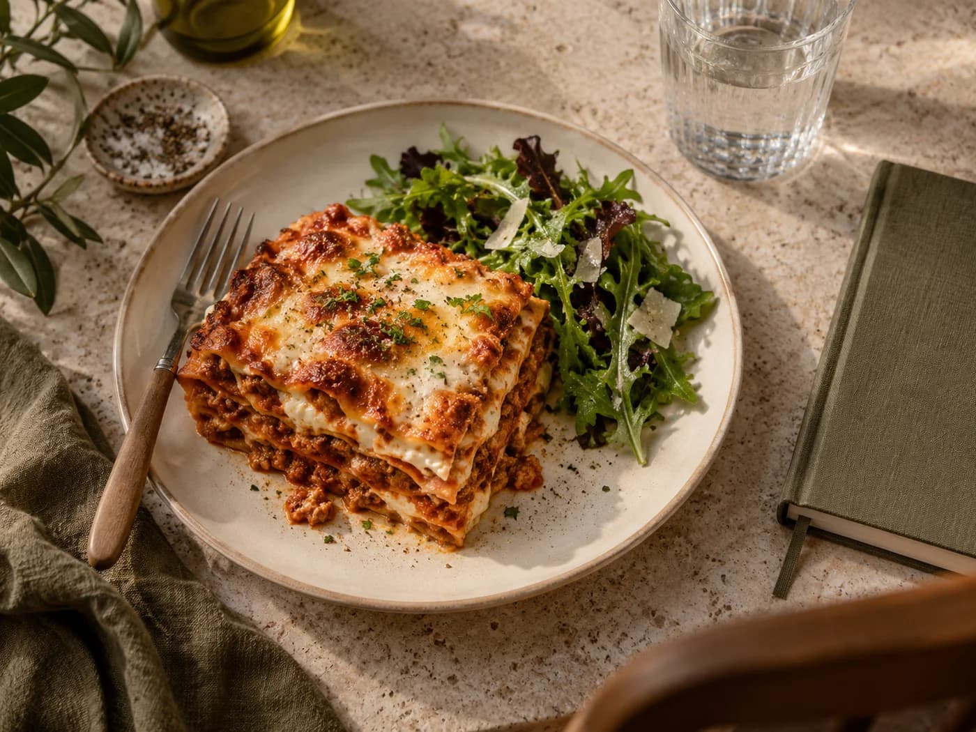 Lasagna dinner with a small salad and a closed meal-planning notebook
