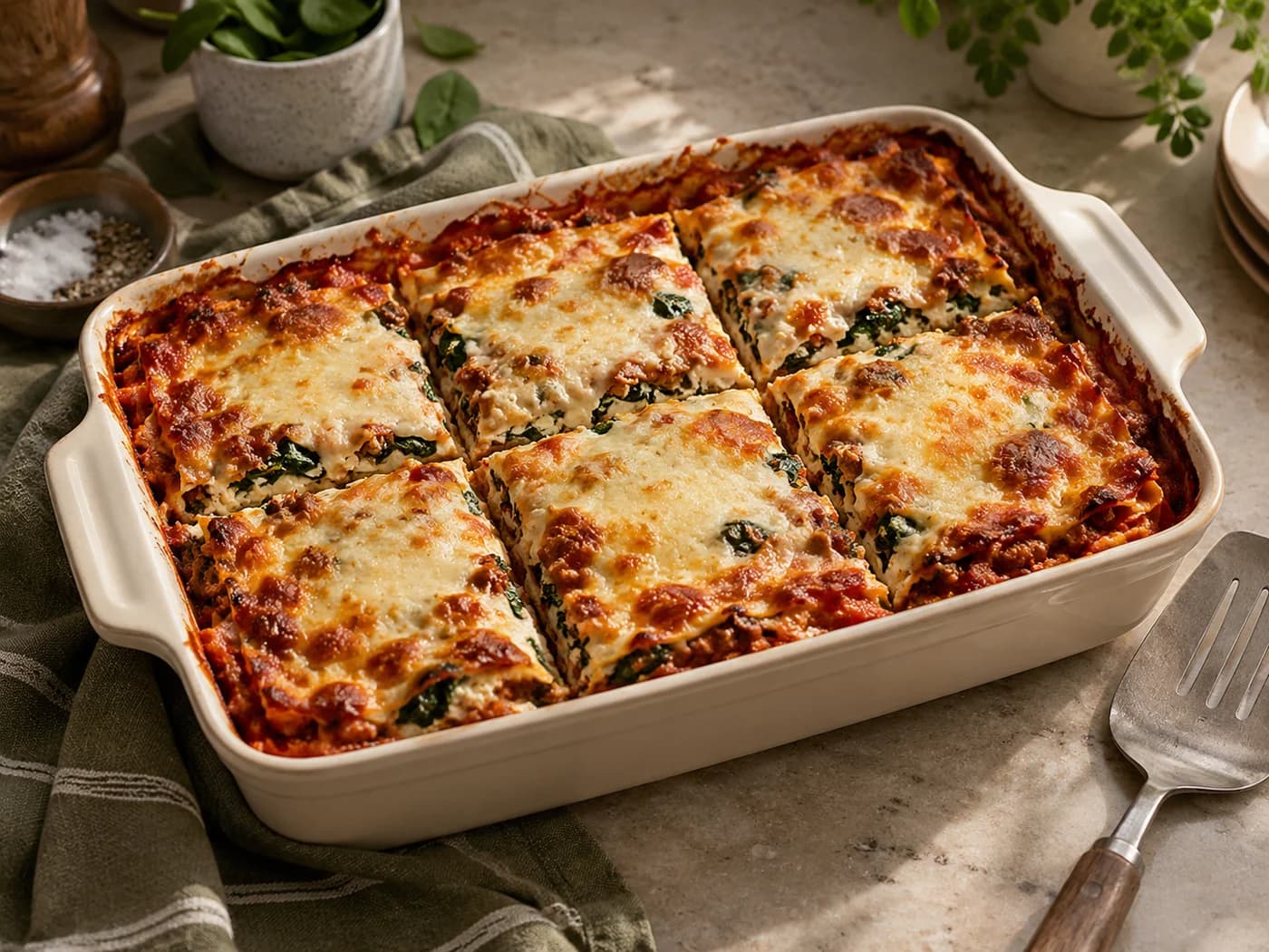 A full lasagna bake cut into six equal portions in a cream dish