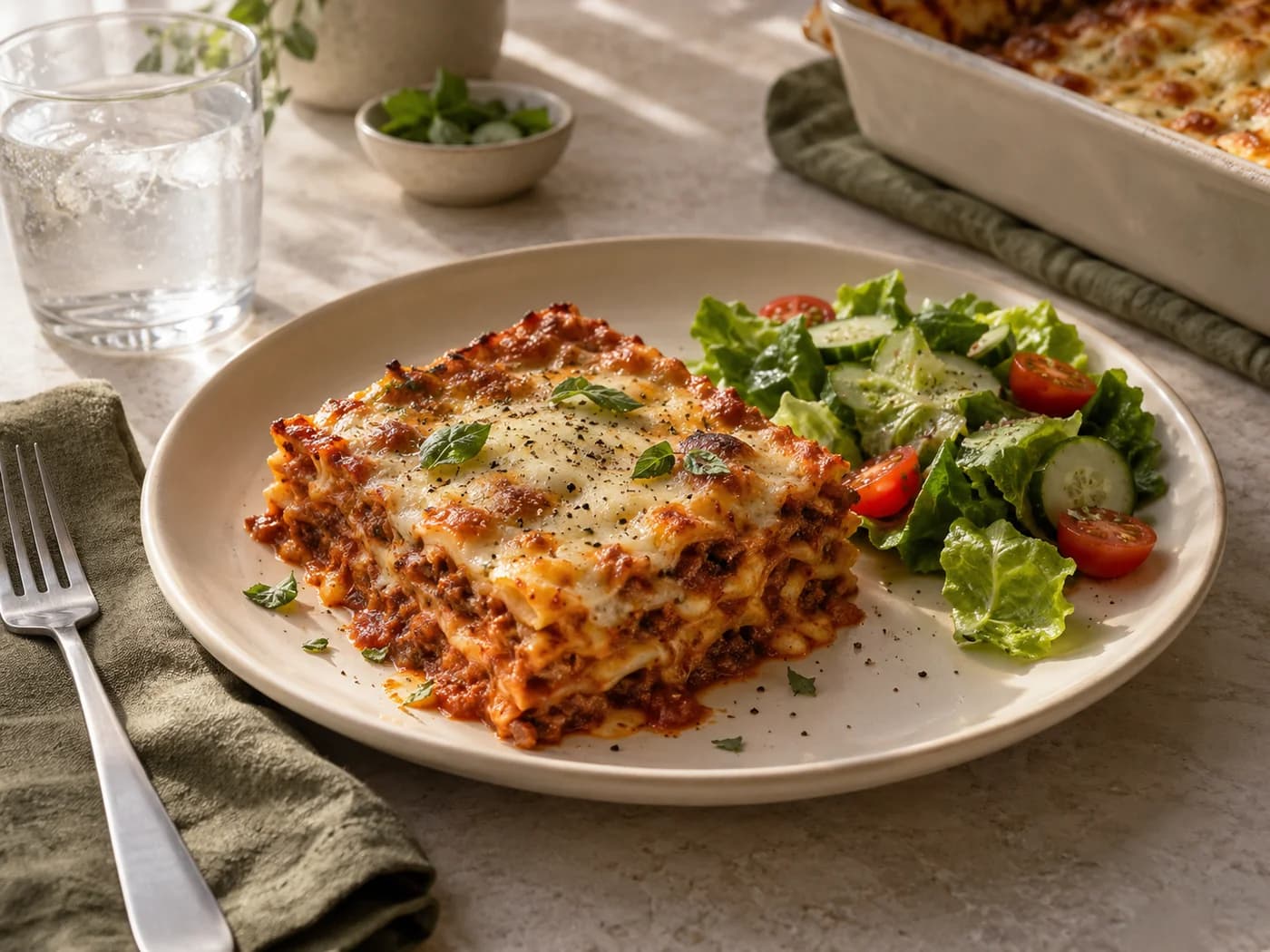 Turkey lasagna served with a separate green salad and water
