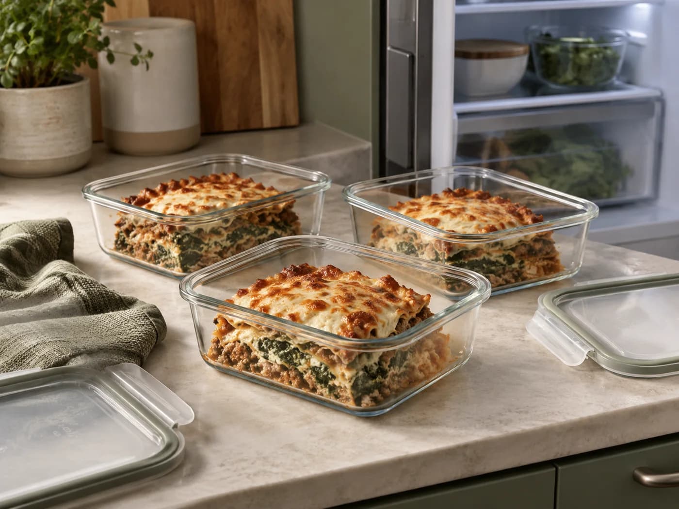 Individual cooled lasagna portions in shallow glass containers with lids nearby