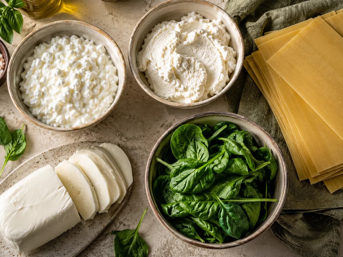 Cottage cheese and ricotta in separate bowls with mozzarella, spinach and pasta