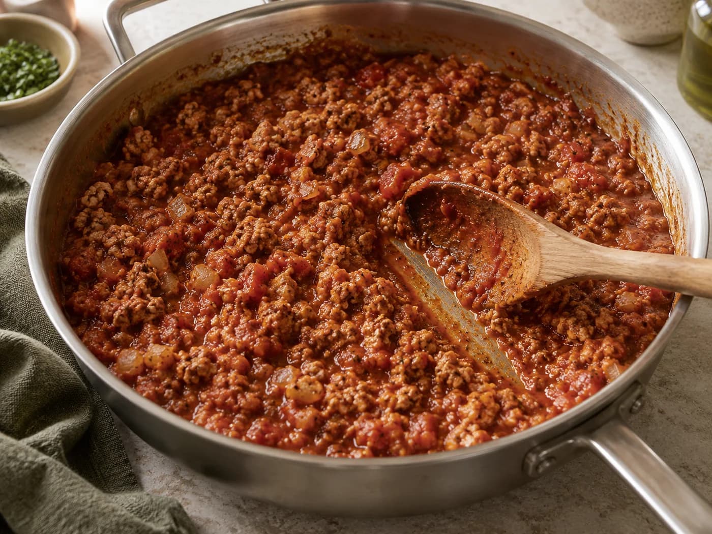 Thick turkey tomato sauce with a spoon channel in a skillet