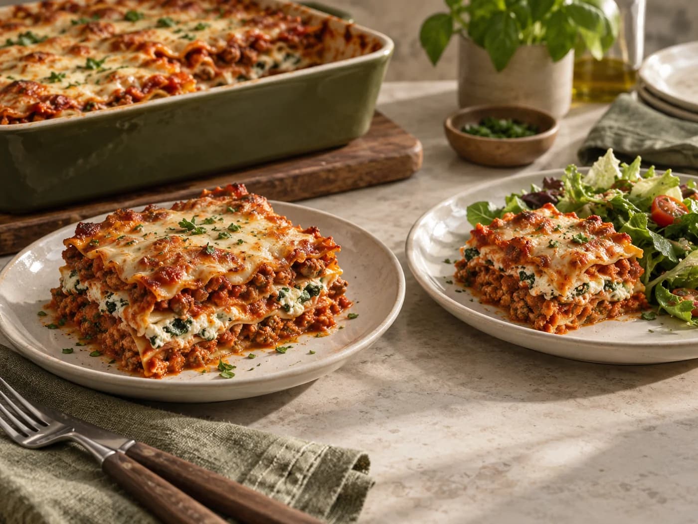 A regular lasagna portion and a smaller portion with salad on separate plates