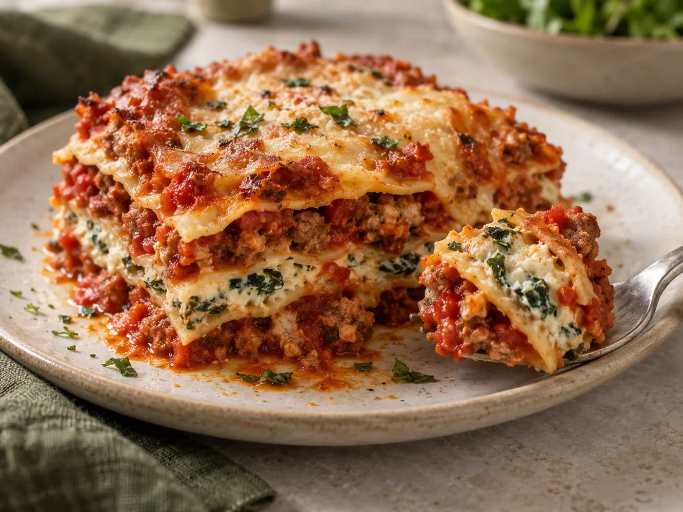 Forkful of turkey and spinach lasagna beside a plated portion