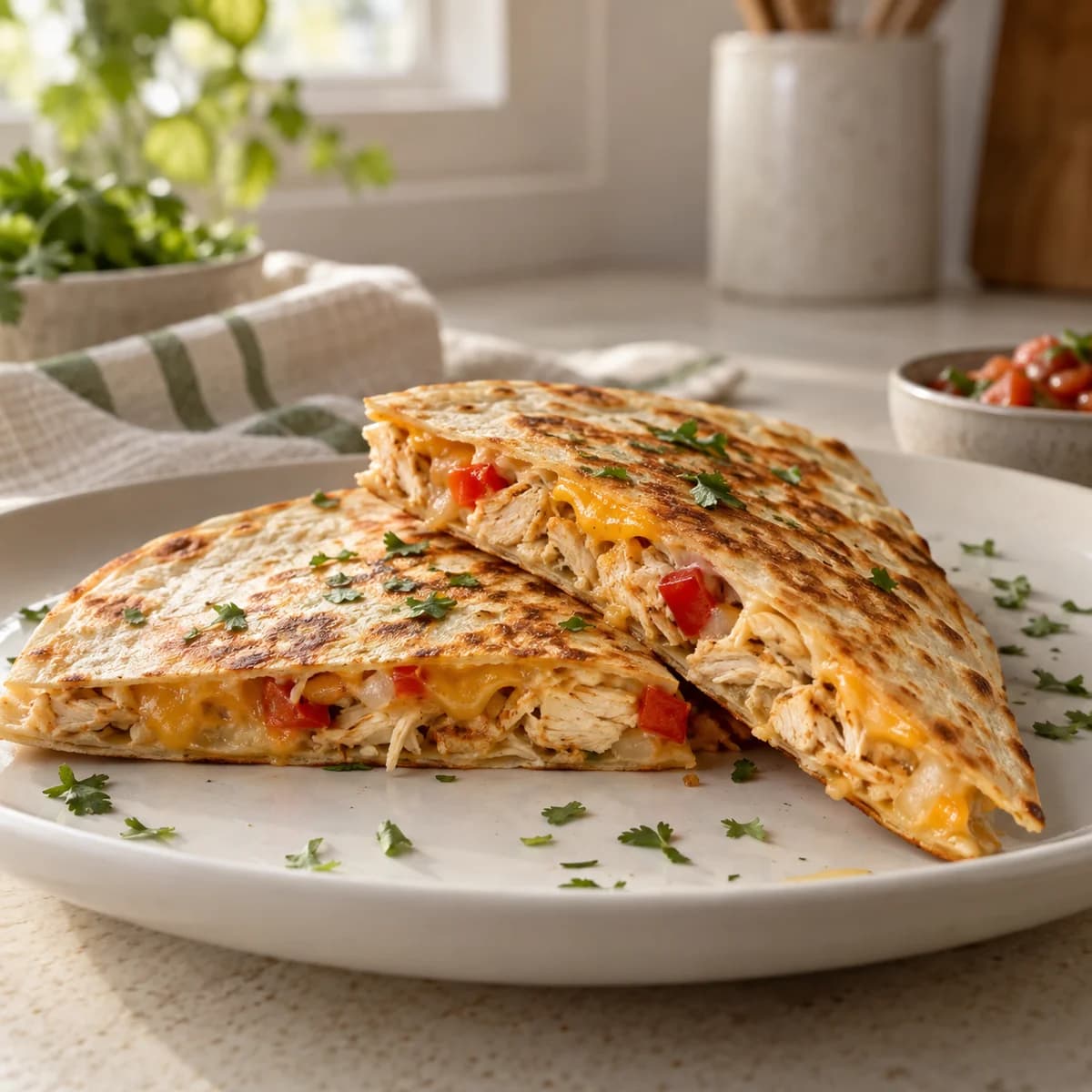 A close cross-section of chicken quesadilla wedges showing the filling