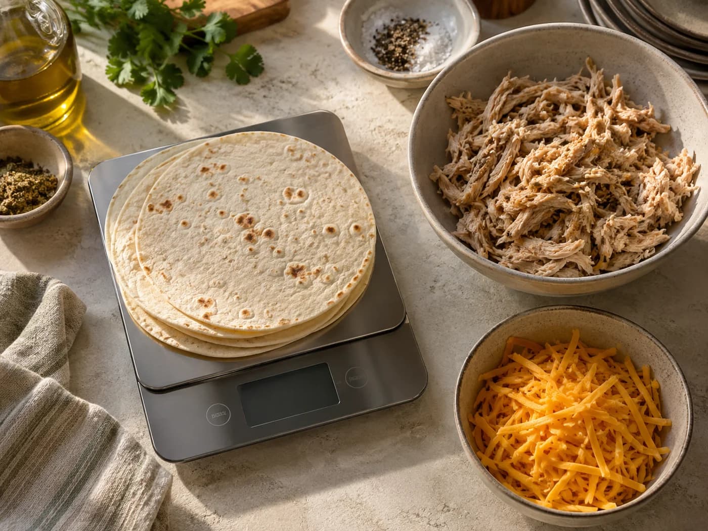 Tortillas being weighed beside cooked chicken and grated cheese
