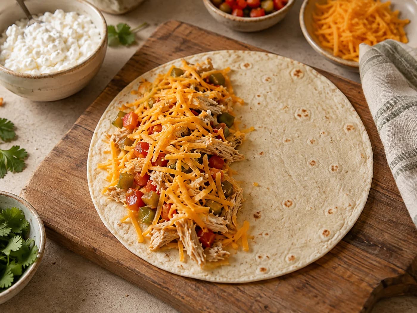 An open tortilla with chicken, vegetables and grated cheese spread over one half