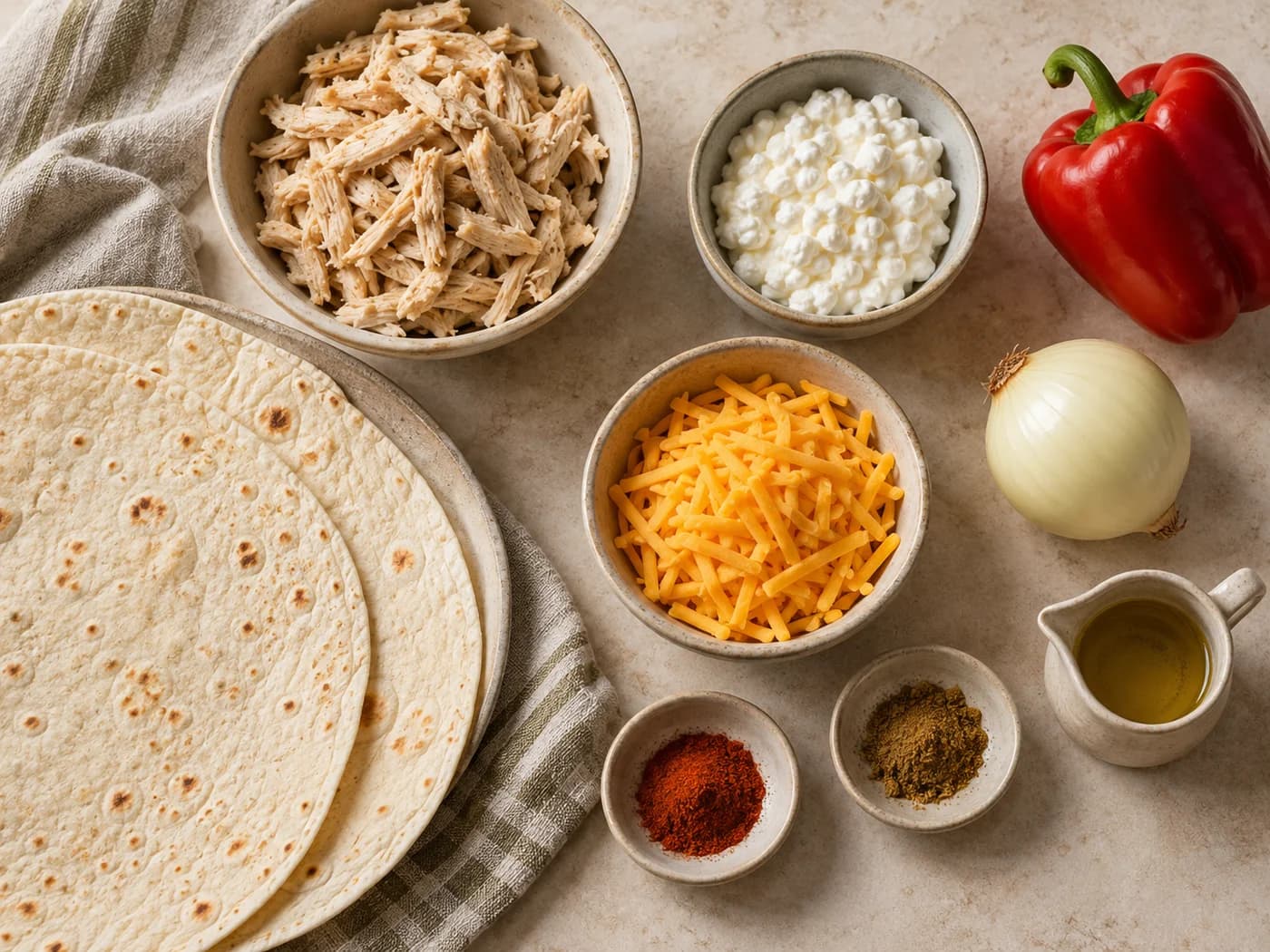Flour tortillas, cooked shredded chicken, cottage cheese, cheddar, pepper, onion, oil and spices