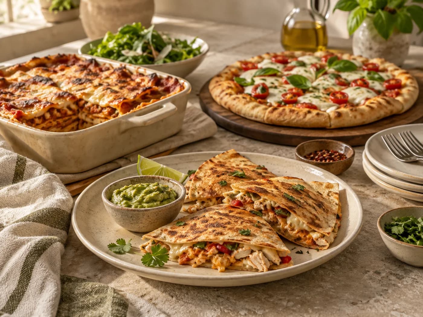 A small quesadilla plate with lasagna and a savoury pizza in the background