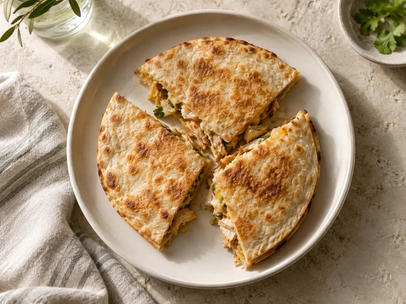 One complete chicken quesadilla cut into three wedges on a plain plate