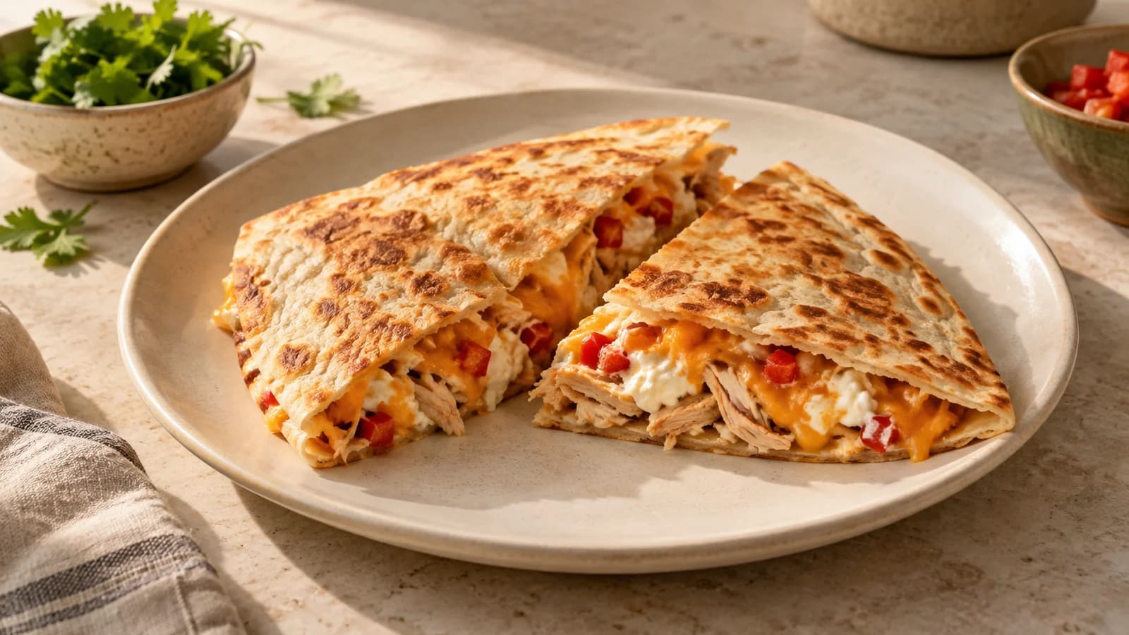 Golden chicken and cheese quesadilla wedges on an ivory plate