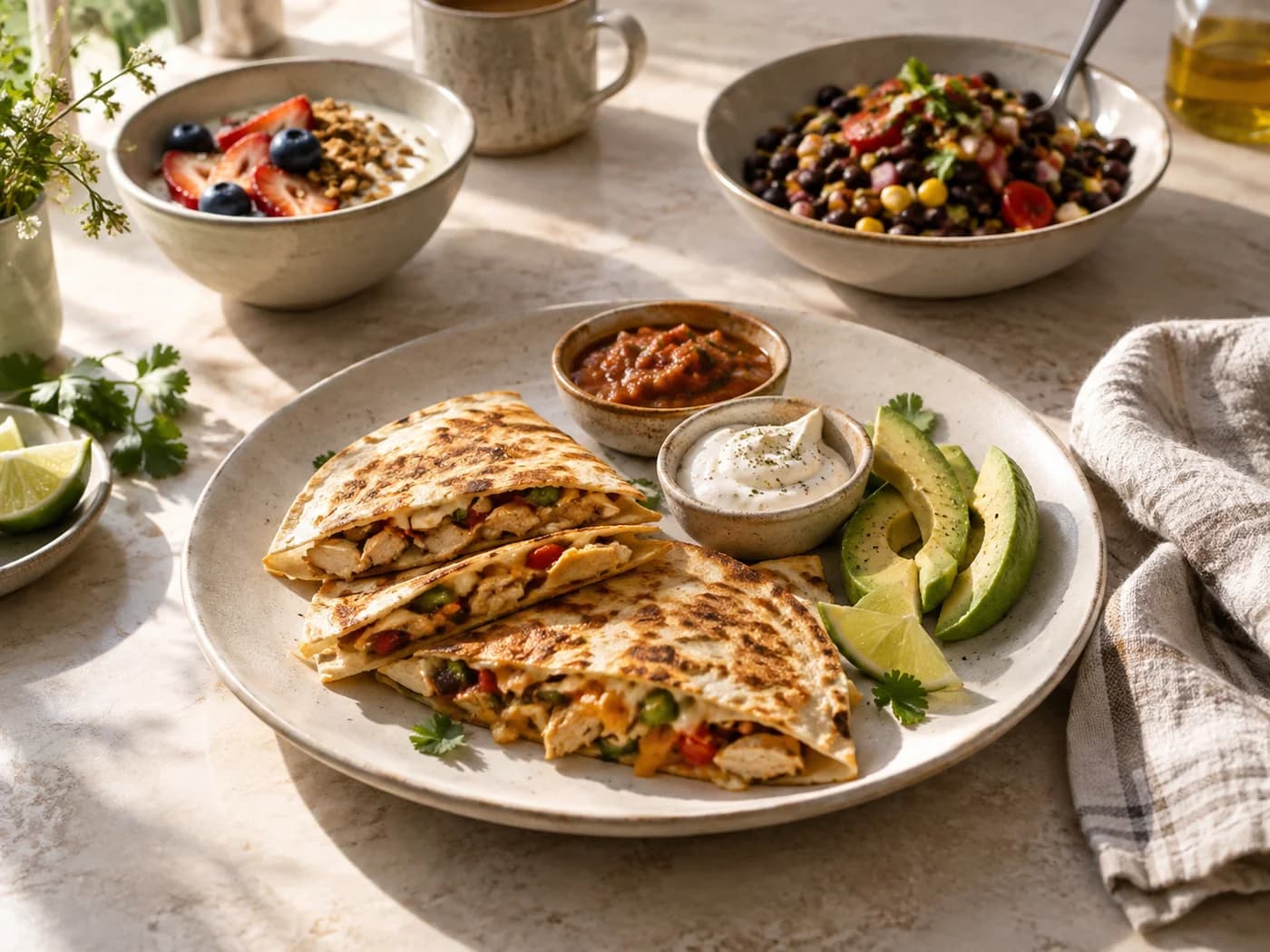A quesadilla plate among everyday breakfast and salad dishes