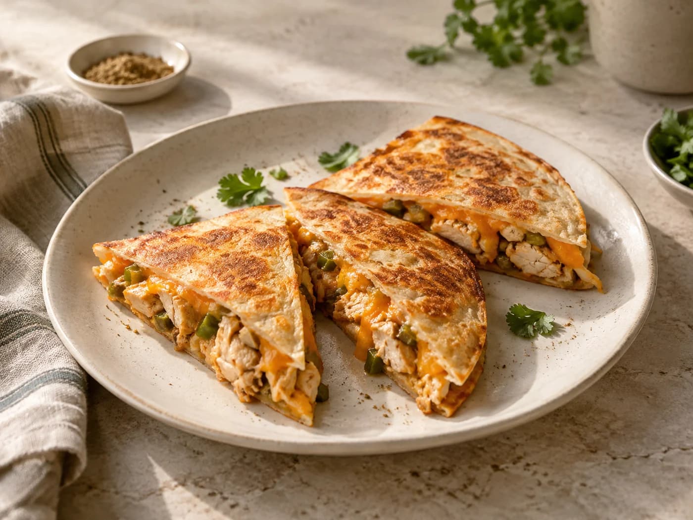 Three golden quesadilla wedges arranged neatly on an ivory plate