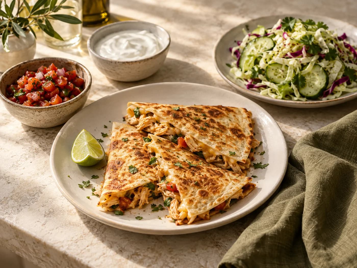 Chicken quesadilla wedges with separate salsa, yogurt and a fresh vegetable side