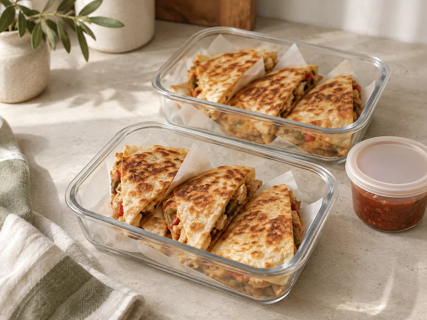 Cooked quesadilla triangles arranged in shallow meal prep containers