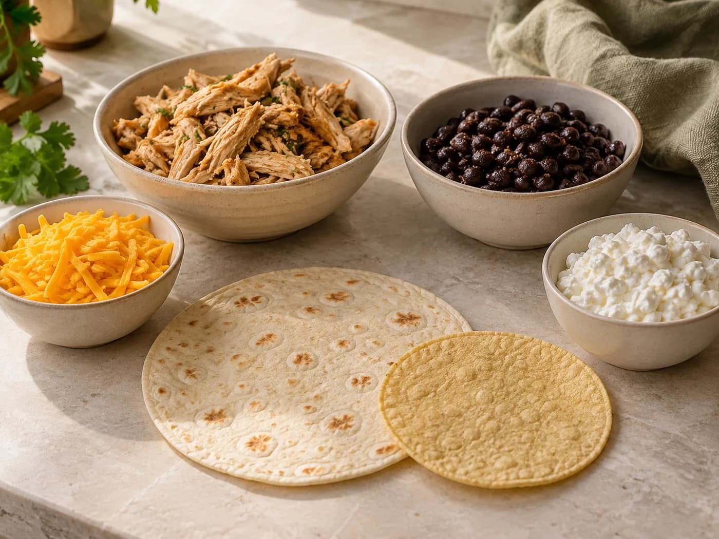 Separate bowls of chicken, black beans and cheeses beside flour and corn tortillas