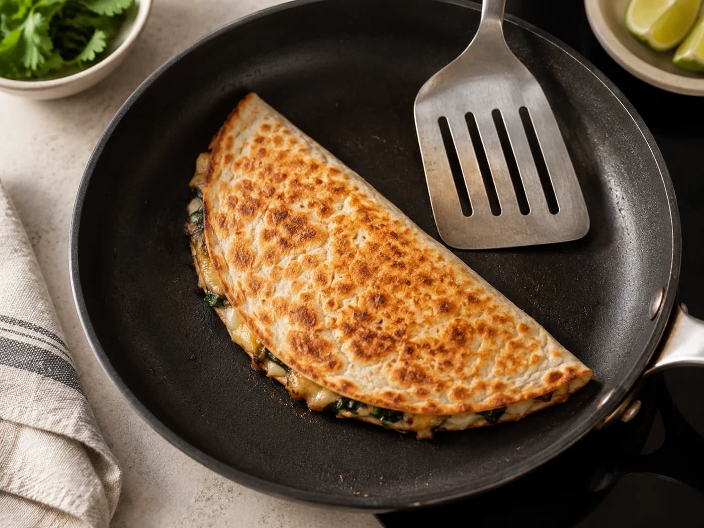 A flat folded quesadilla browning evenly in a skillet