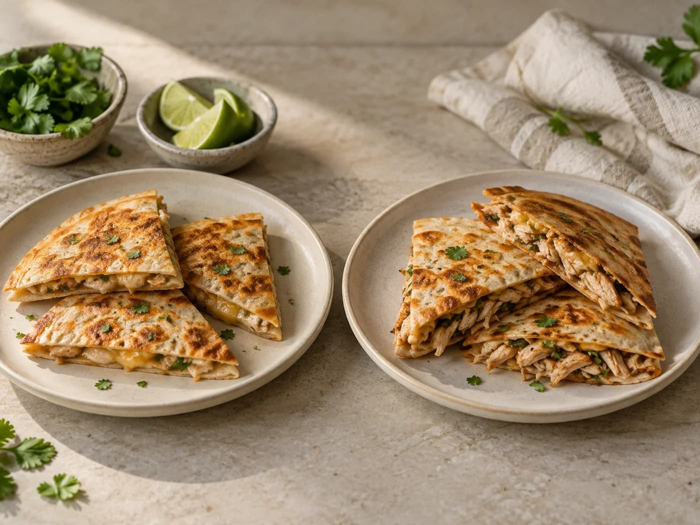 Two quesadilla plates illustrating a thinner cheese layer and an extra-chicken filling