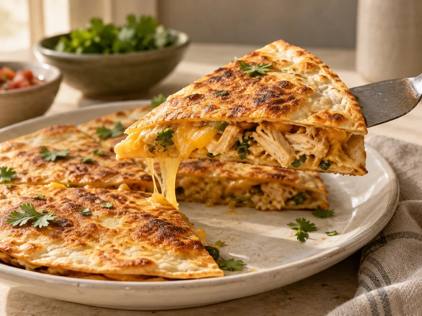 Close view of a toasted quesadilla wedge with shredded chicken and melted cheddar
