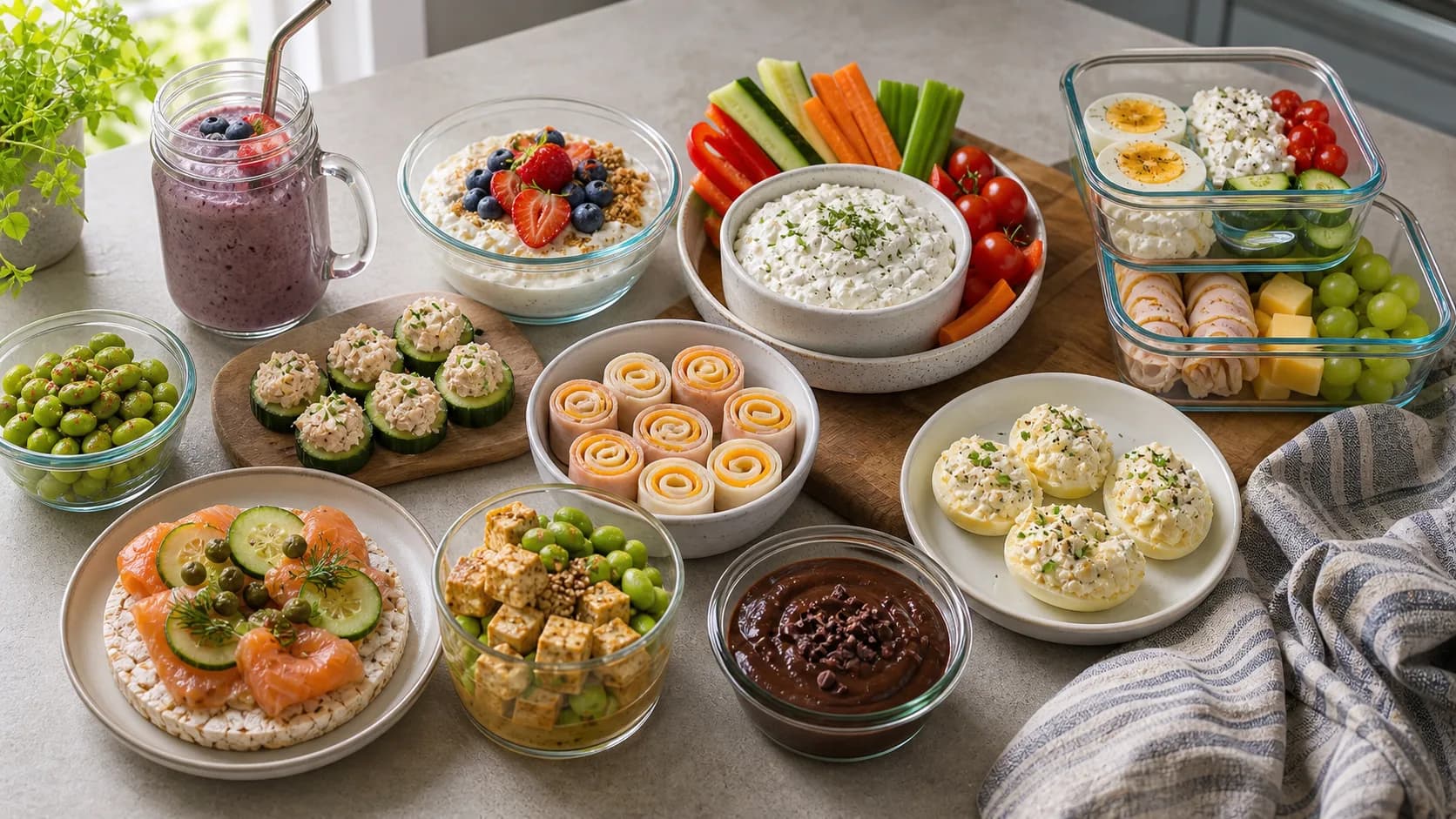 High-protein snack recipe spread with protein smoothie, Greek yogurt bowl, cottage cheese vegetable dip, tuna cucumber bites, turkey cheese roll-ups, egg cottage cheese bento, tofu edamame cup, salmon rice cake, and chocolate protein pudding