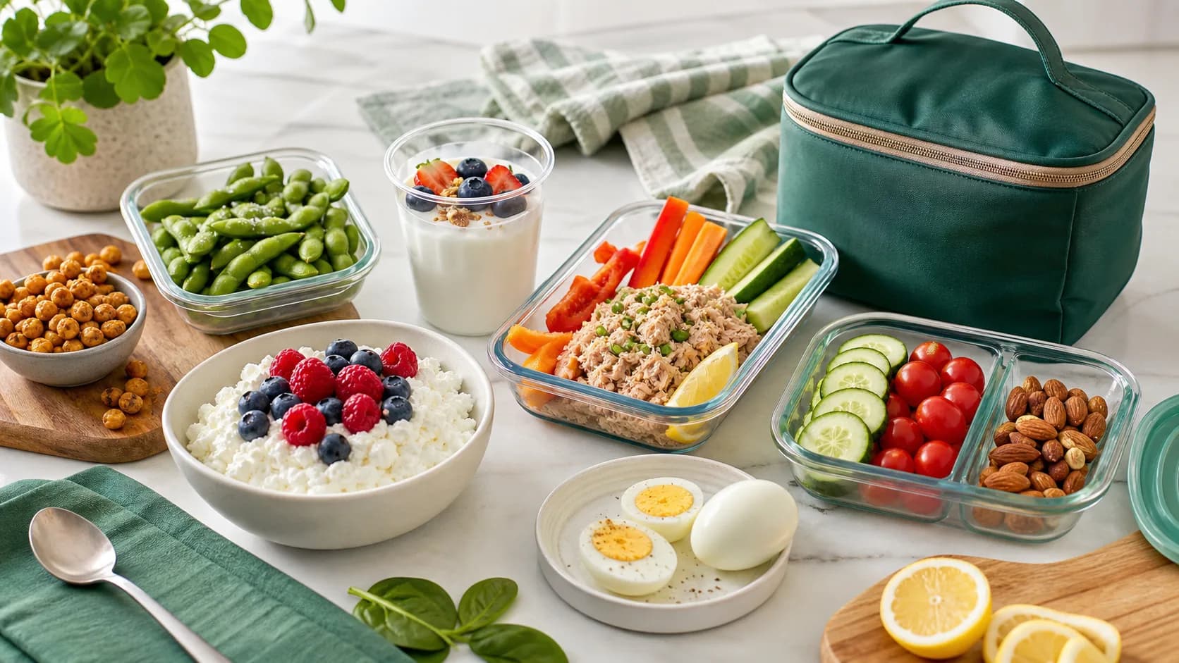Portable high-protein snacks including yogurt, cottage cheese, tuna, edamame, eggs, and chickpeas