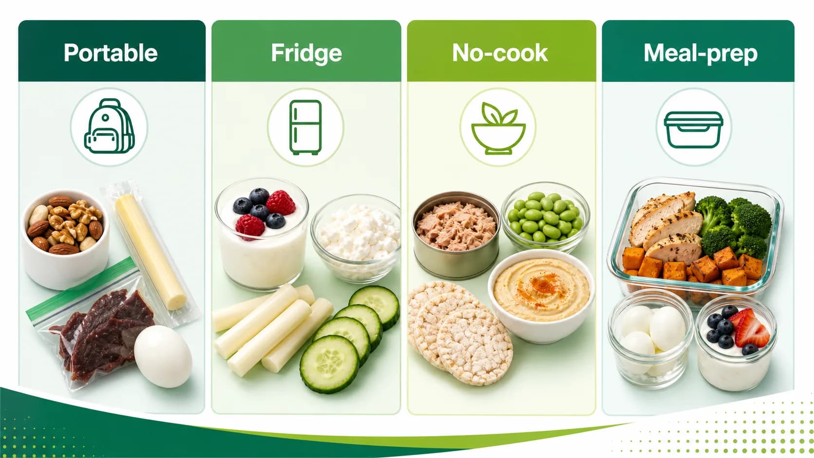 High-protein snack infographic organized by portable, fridge, no-cook, and meal-prep options