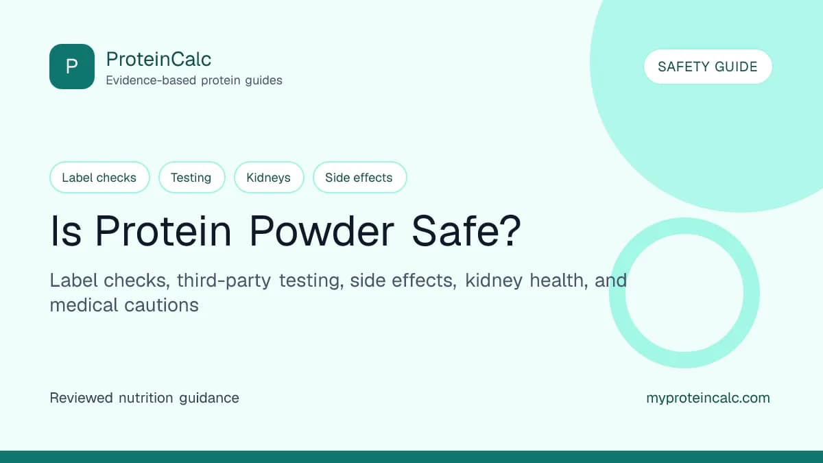 Is protein powder safe feature image with label checks, third-party testing, side effects, kidney health, and medical cautions