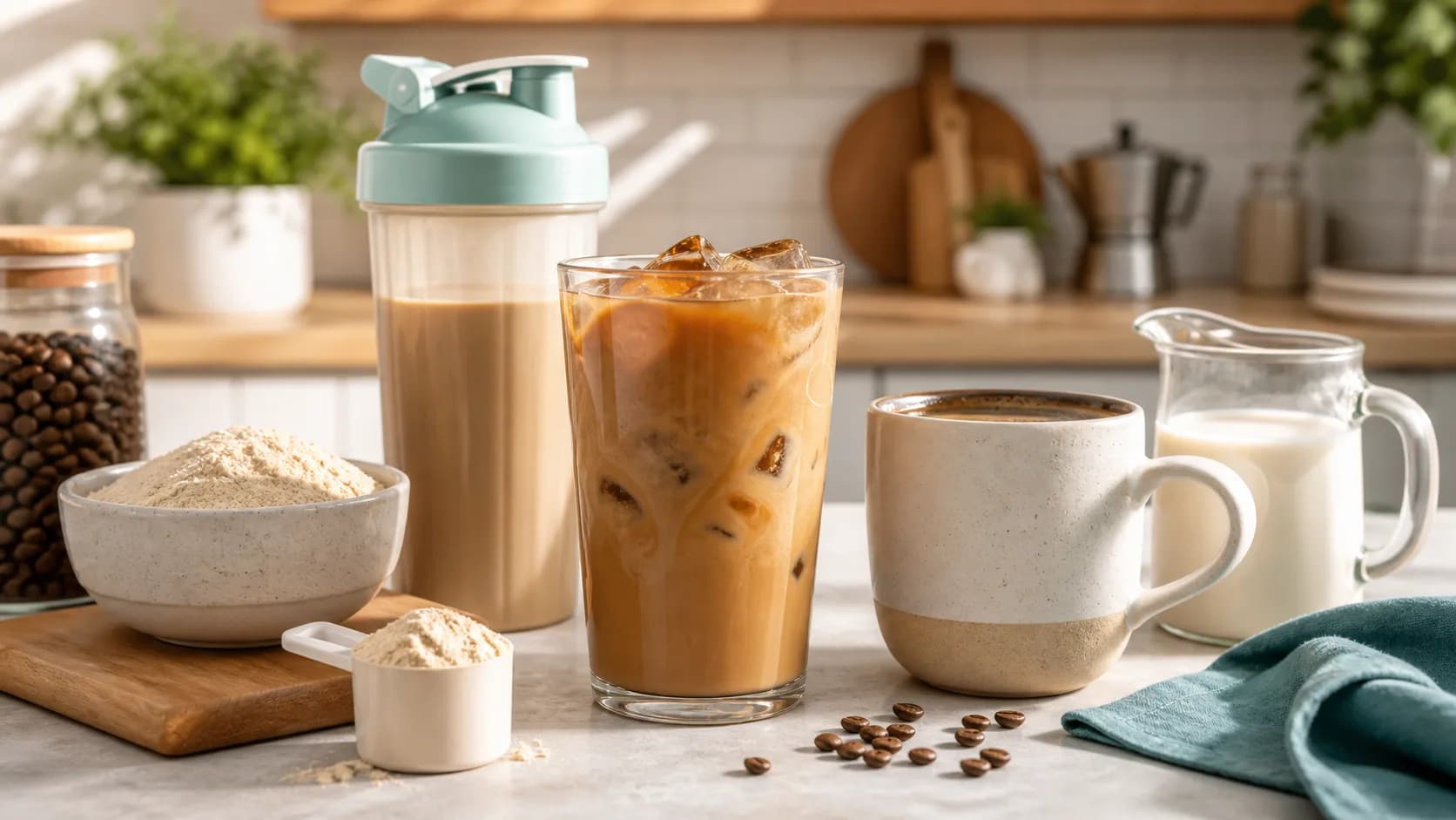 Protein coffee setup with iced coffee, hot coffee, milk, shaker, coffee beans, and unbranded protein powder